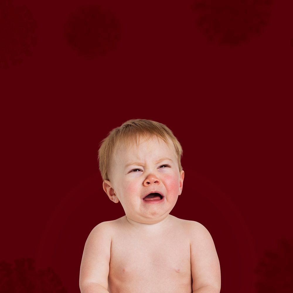 Crying baby in a red background social ad