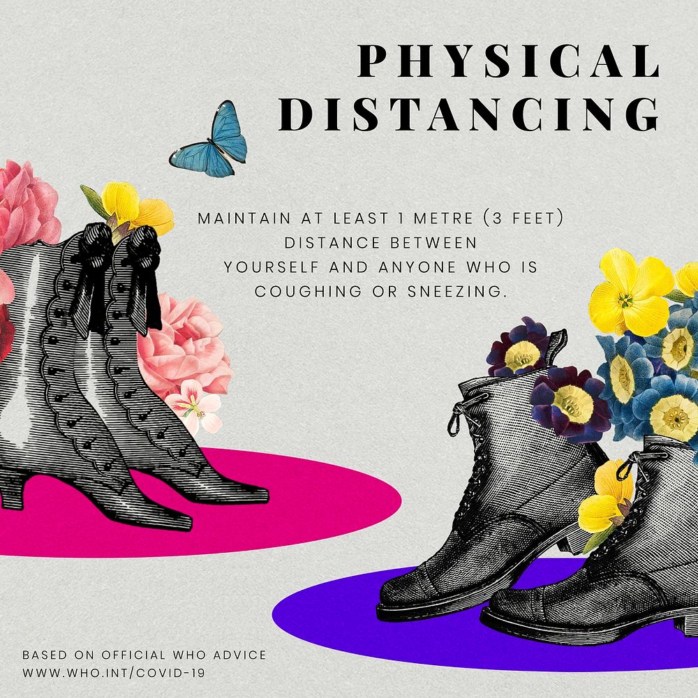 Advice on physical distancing by WHO and vintage pairs of shoes illustration vector social ad