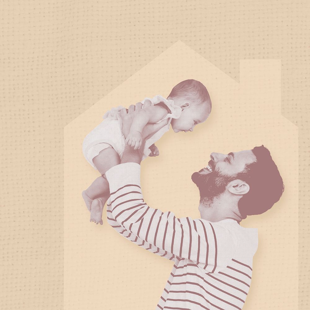Loving father raising baby up at home graphic illustration social ad