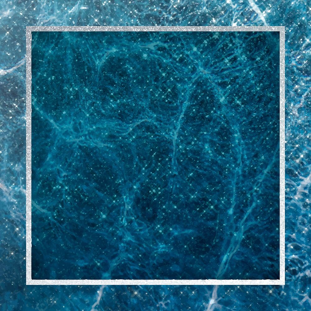 Silver square frame on blue marbled background vector