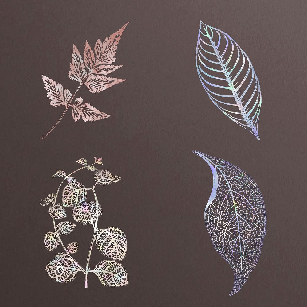 Holographic leaves vector set botanical design element