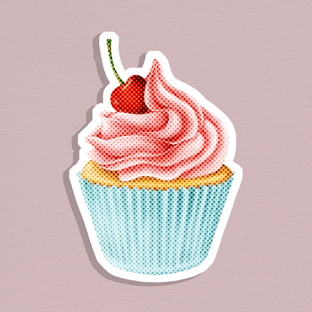 Halftone cherry cupcake sticker with white border