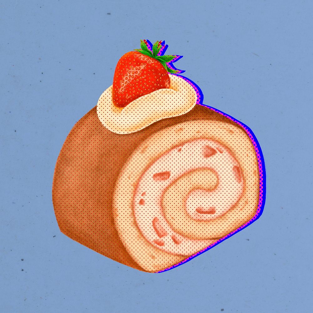 Halftone strawberry shortcake roll with neon outline sticker