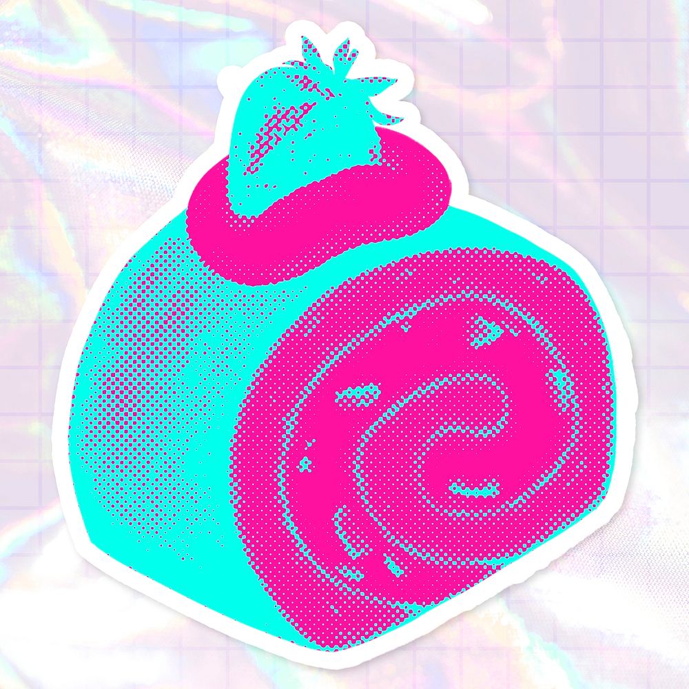 Funky neon halftone strawberry shortcake roll sticker with white border