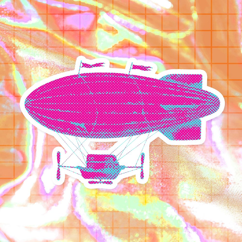 Hand drawn funky airship halftone style sticker with a white border
