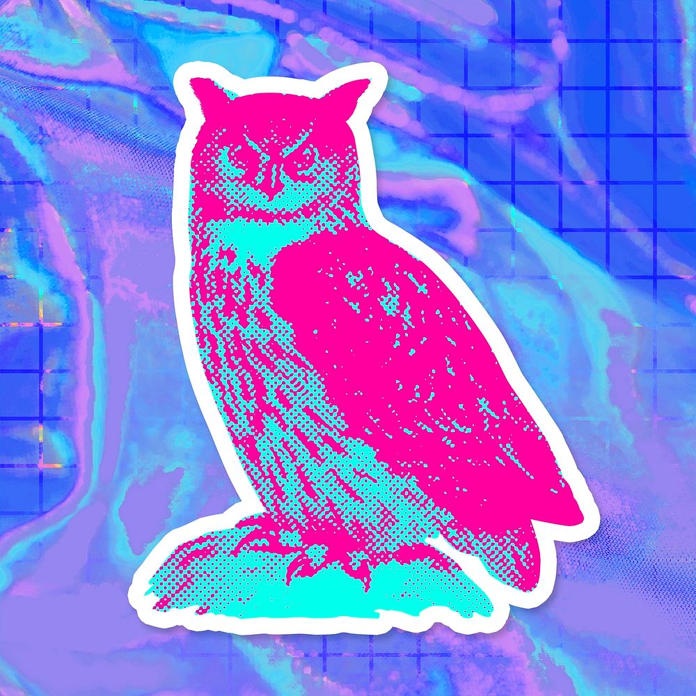 Hand drawn funky owl halftone style sticker with a white border