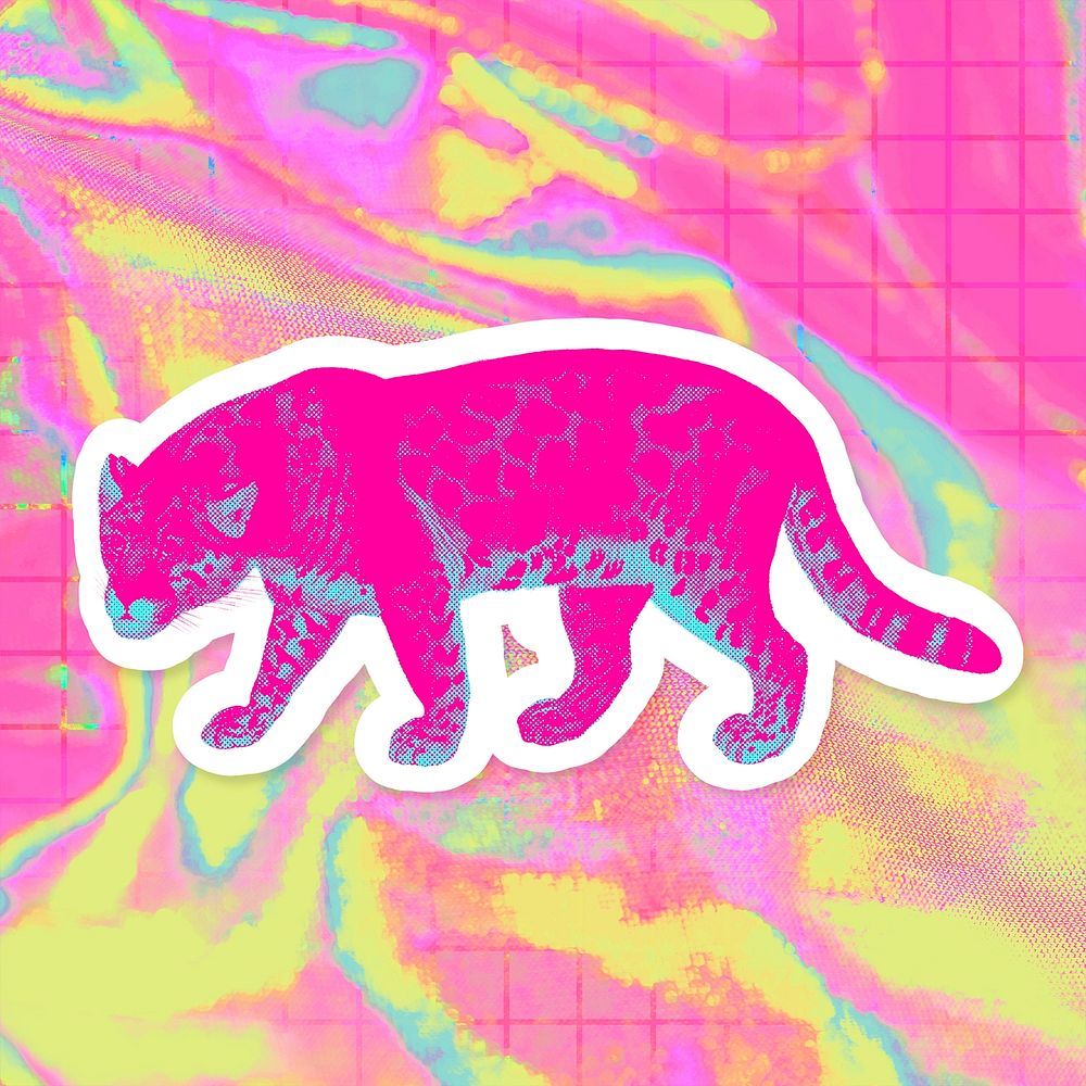 Hand drawn funky jaguar halftone style sticker with a white border