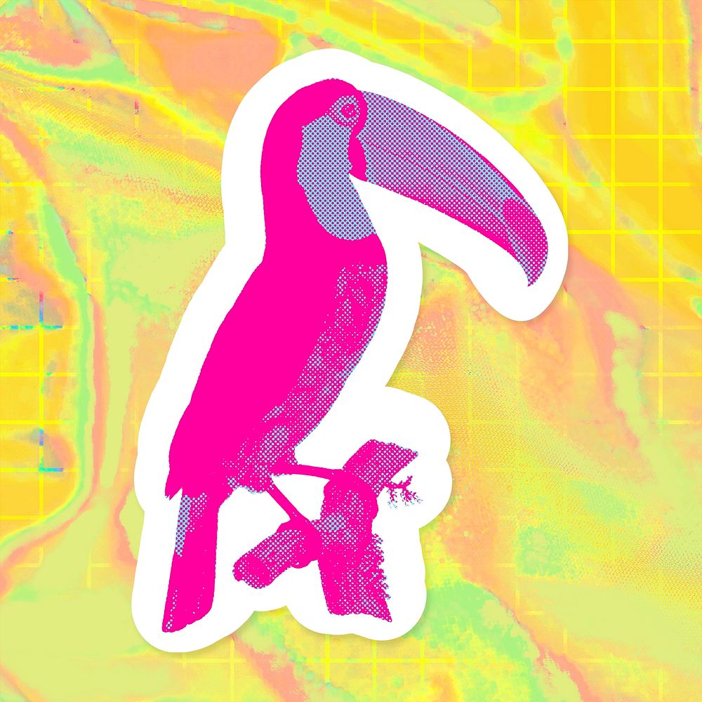 Hand drawn funky toucan bird halftone style sticker with a white border