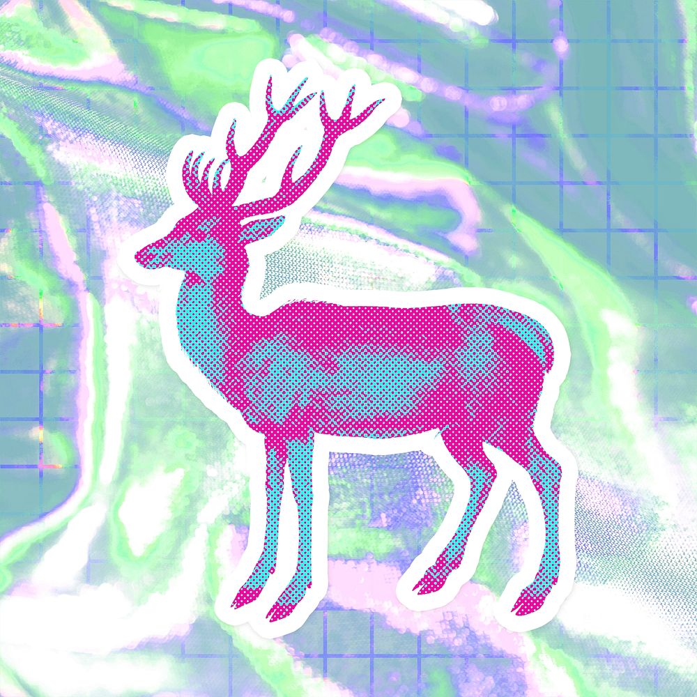 Hand drawn funky deer halftone style sticker with a white border