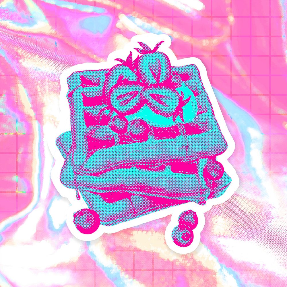 Hand drawn funky waffles halftone style sticker with a white border