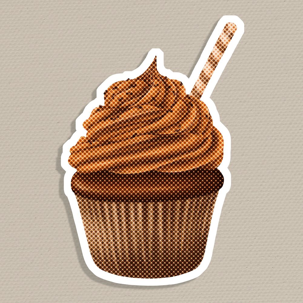 Halftone chocolate cupcake sticker with a white border