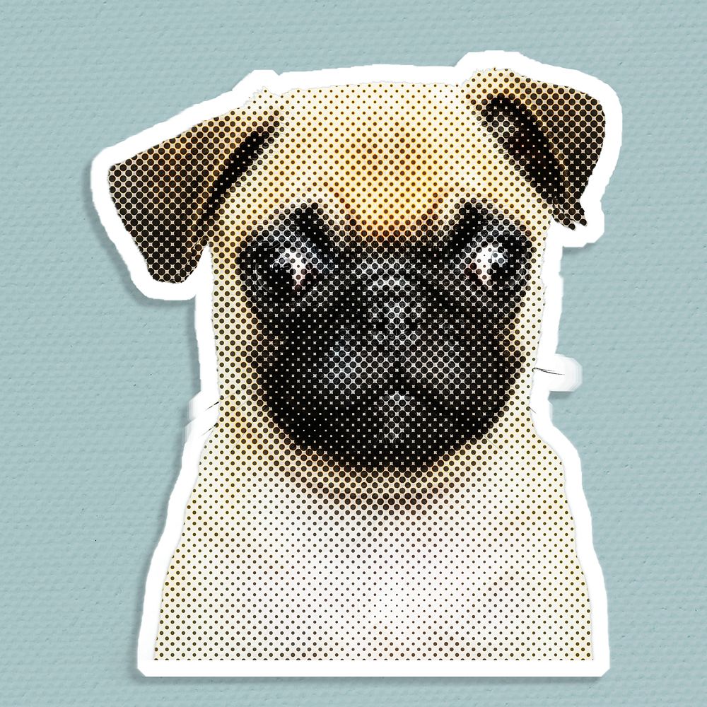 Halftone Pug puppy sticker with a white border