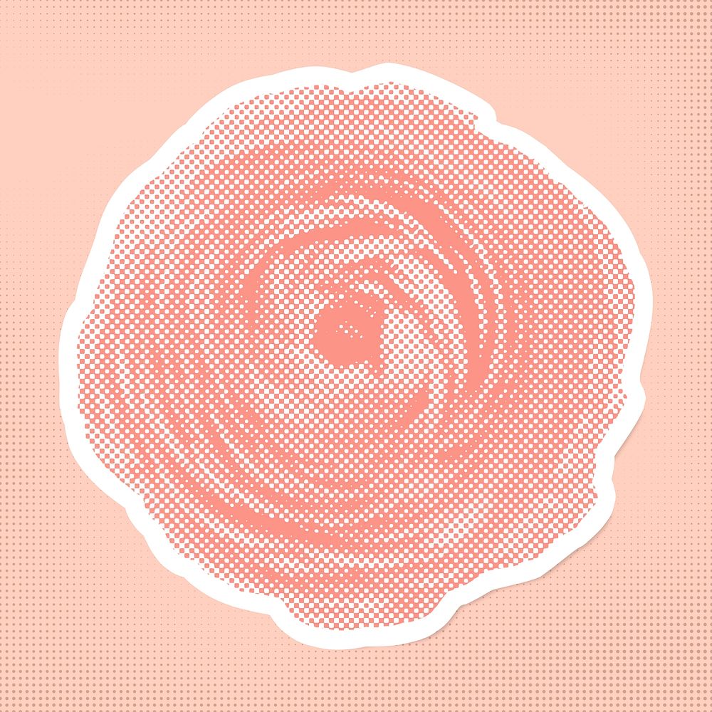 Halftone pink ranunculus sticker overlay with white border 
