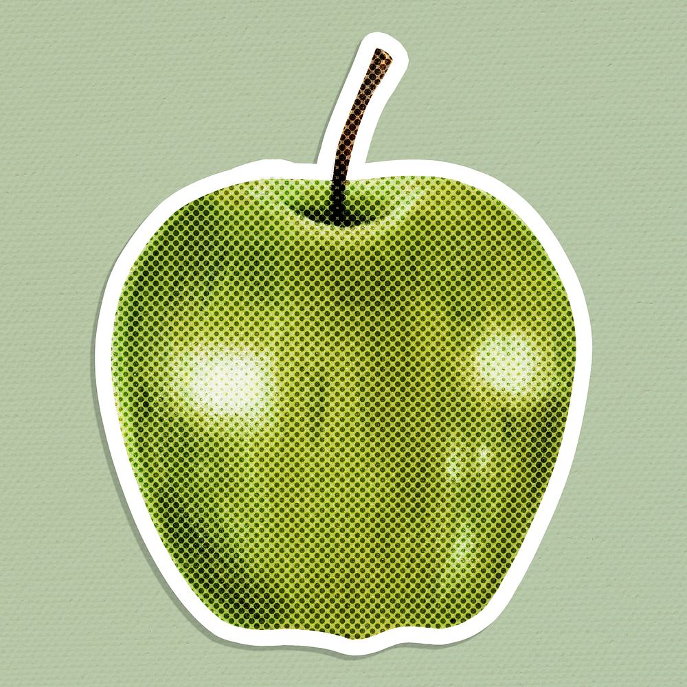 Halftone green apple sticker overlay with white border 