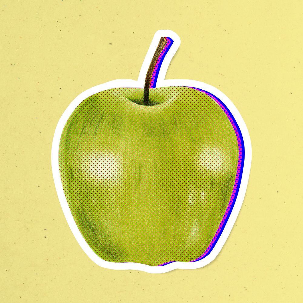 Halftone green apple sticker with neon outline overlay with white border