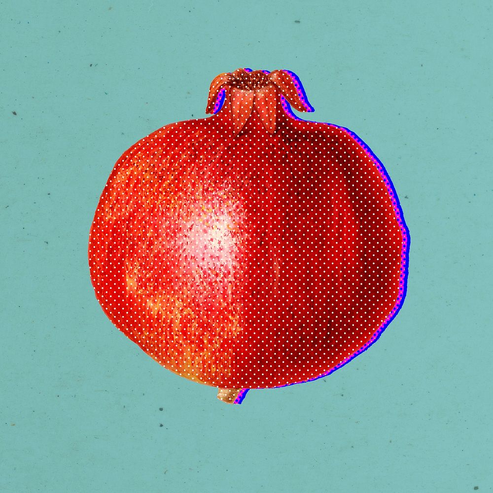 Halftone pomegranate with neon outline  sticker overlay