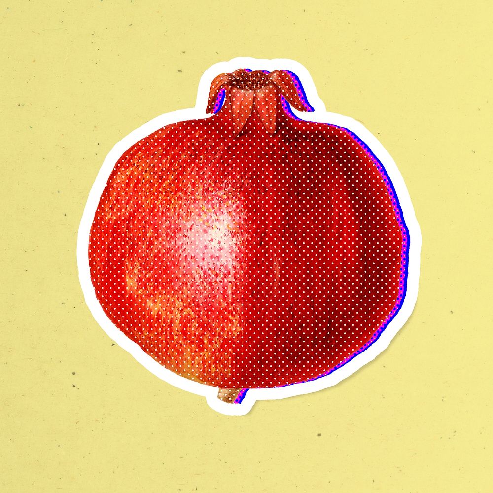 Halftone pomegranate with neon outline sticker overlay with white border