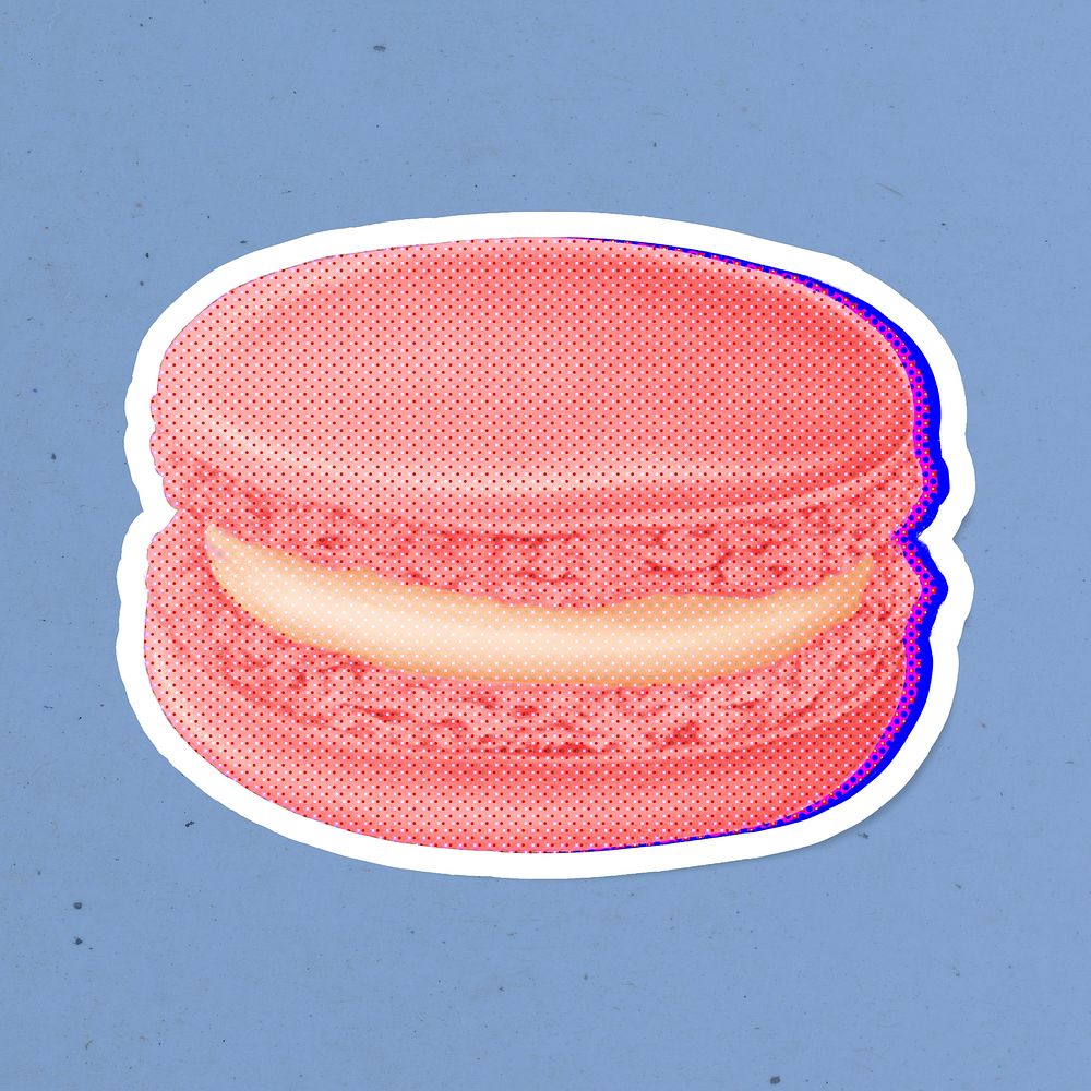 Halftone pink macaron with neon outline sticker overlay with white border