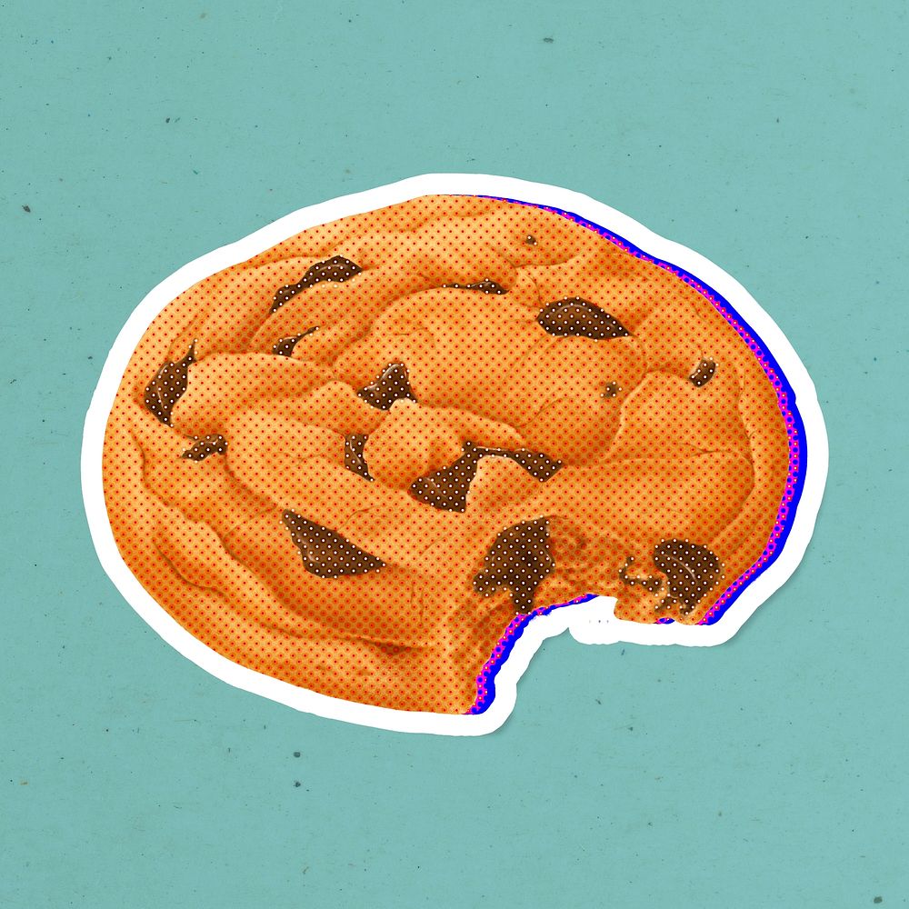 Halftone chocolate chip cookie with neon outline sticker overlay with white border
