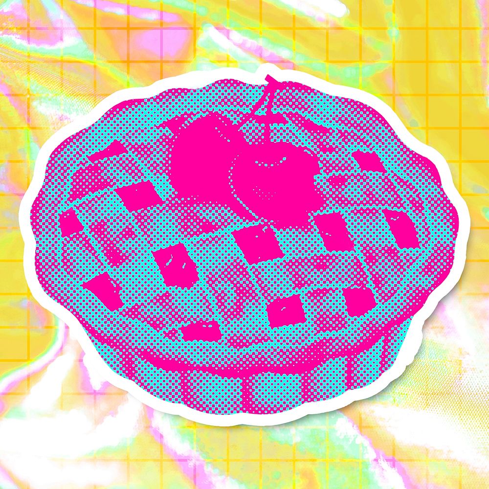 Funky neon halftone cherry pie sticker overlay
