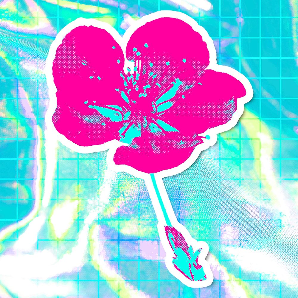 Funky neon halftone apple blossom sticker overlay