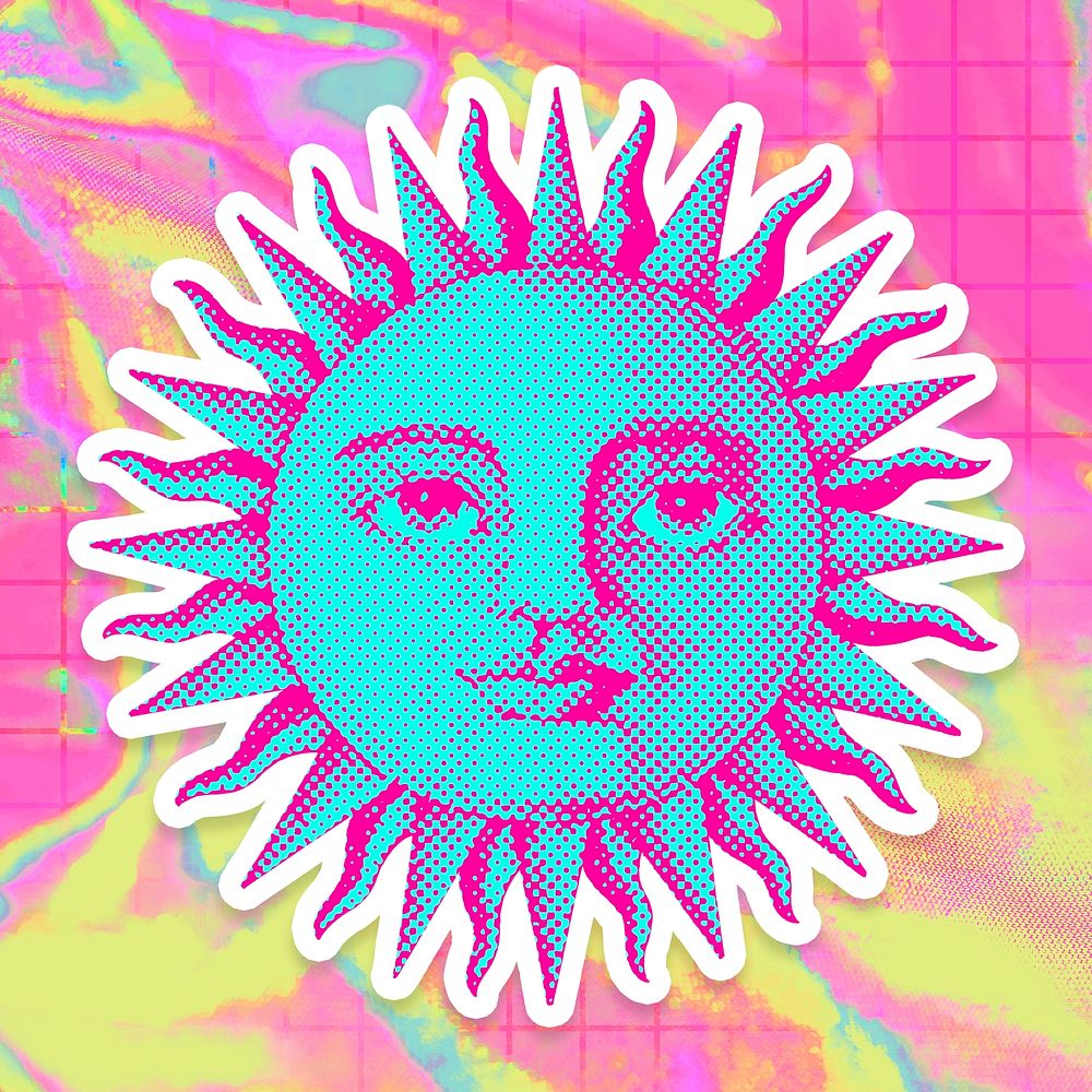 Hand drawn funky sun with a face halftone style sticker with a white border