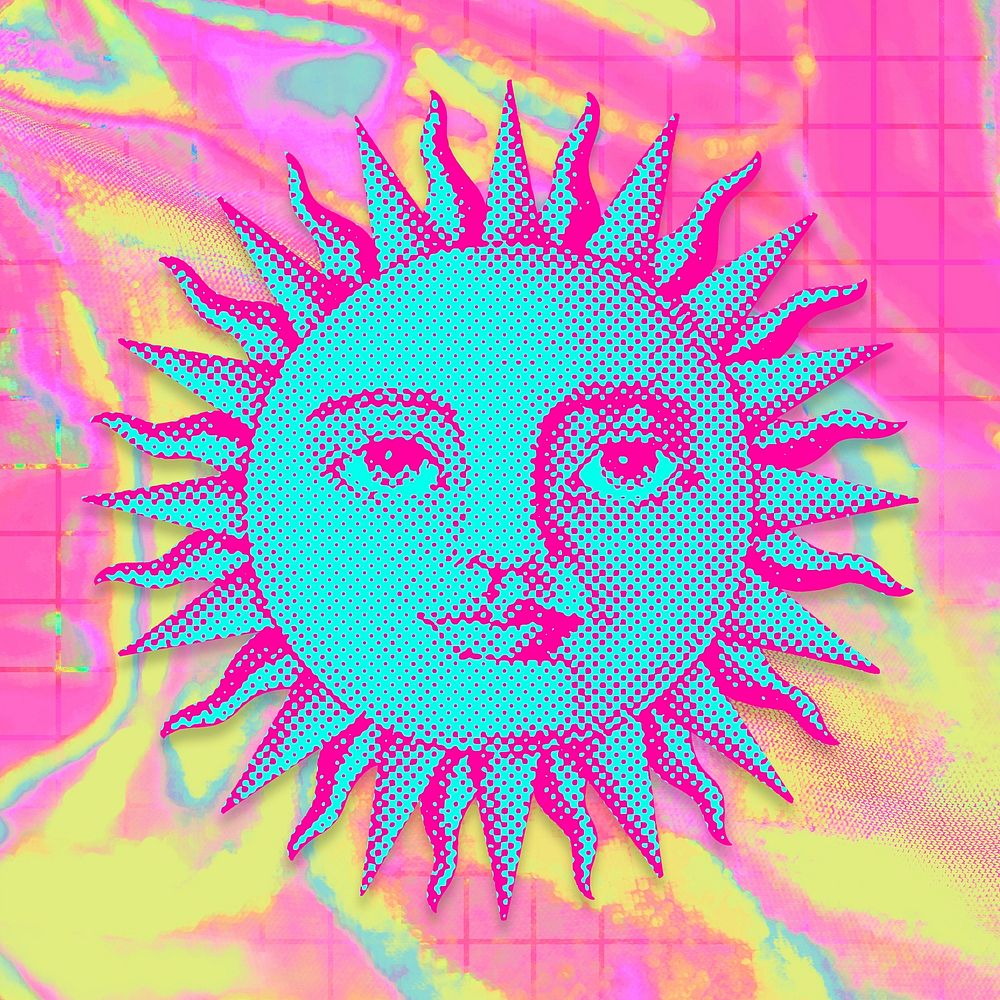 Hand drawn funky sun with a face halftone style illustration