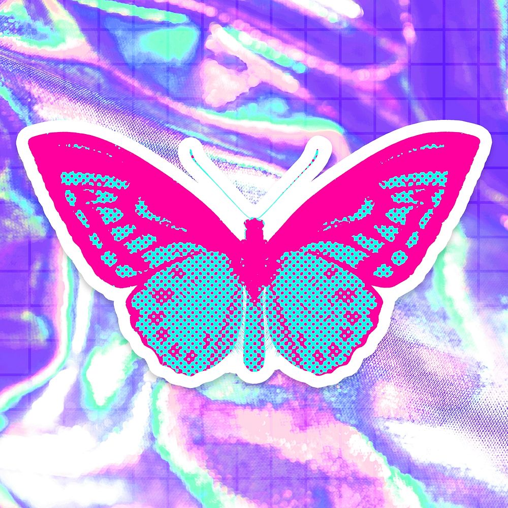 Hand drawn funky butterfly halftone style sticker with a white border