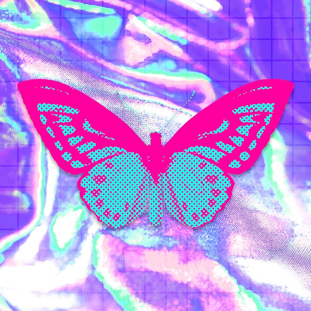 Hand drawn funky butterfly halftone style illustration