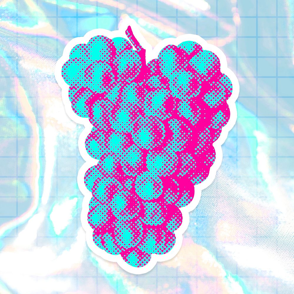 Hand drawn funky grapes halftone style sticker with a white border