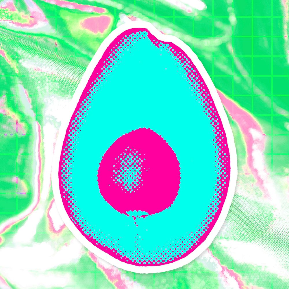 Hand drawn funky avocado halftone style sticker with a white border