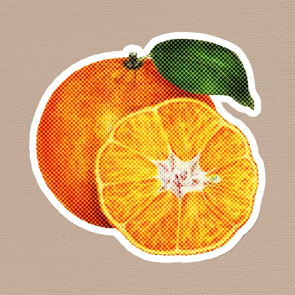 Hand drawn orange halftone style sticker with a white border illustration