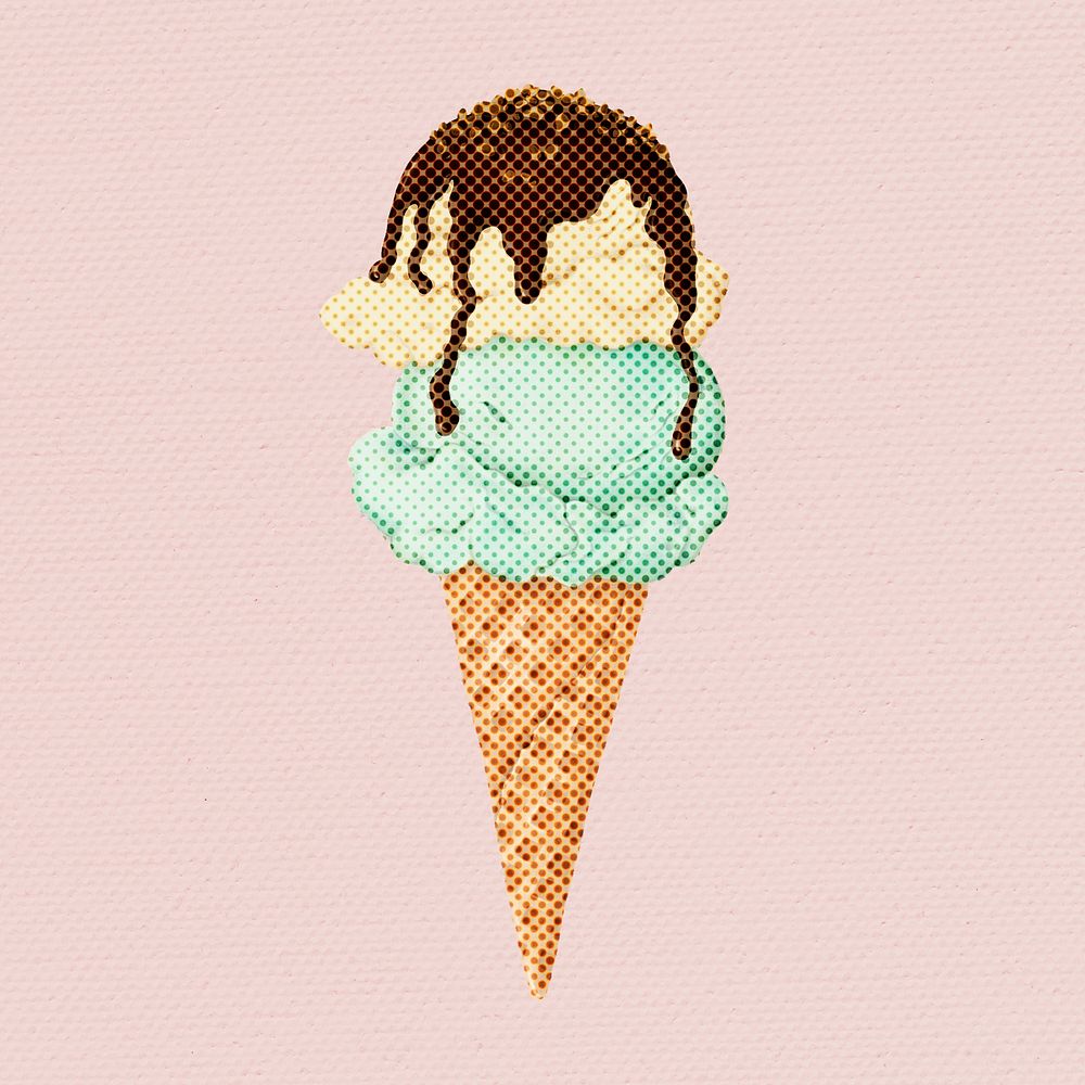 Hand drawn ice cream cone halftone style illustration