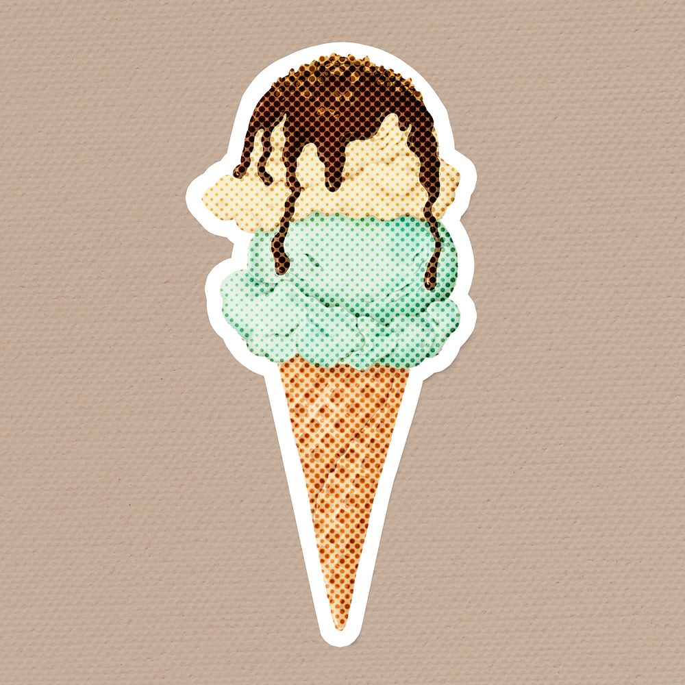 Hand drawn ice cream cone halftone style sticker with a white border illustration