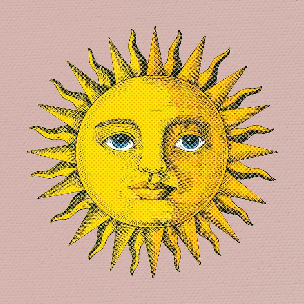 Hand drawn sun with a face halftone style illustration
