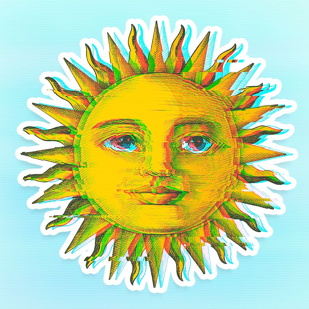 Sun with a face with a glitch effect sticker overlay with a white border