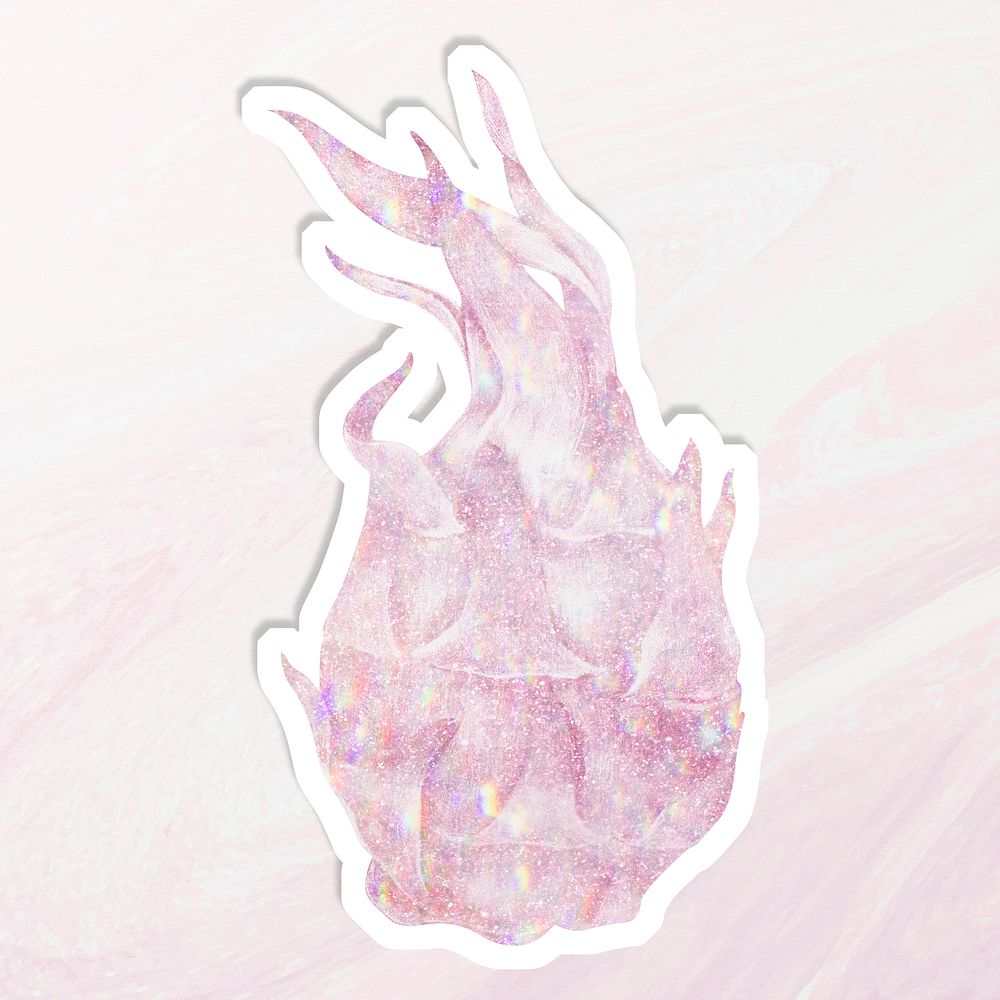 Sparkling pink dragon fruit holographic style sticker illustration with white border