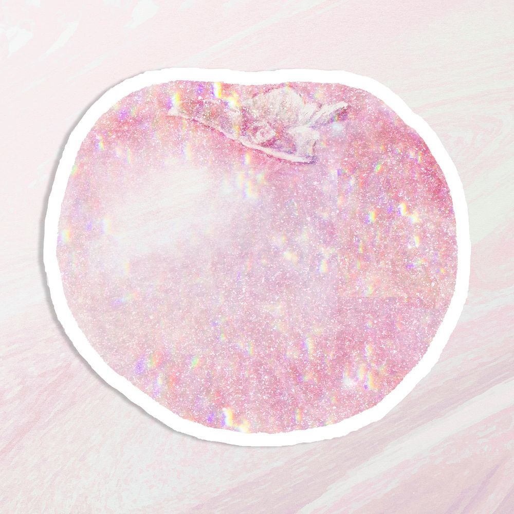 Sparkling pink persimmon holographic style sticker illustration with white border
