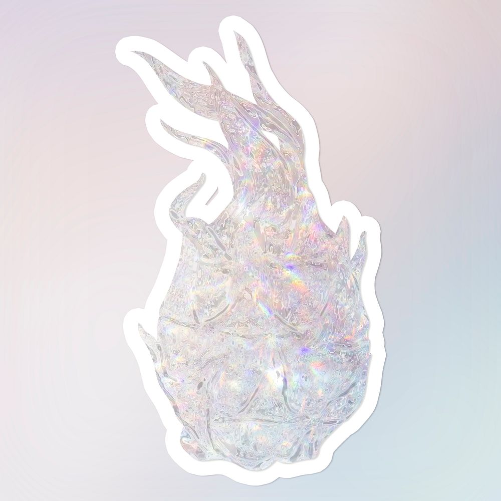 Sparkling silver dragon fruit holographic style sticker illustration with white border