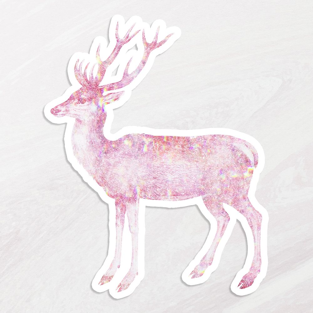 Pink holographic deer sticker with a white border