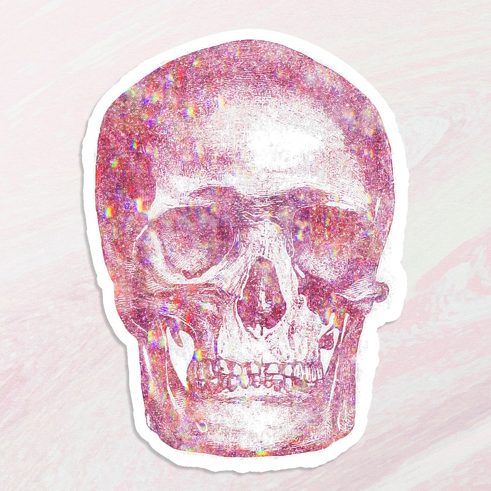 Pink holographic skull sticker with a white border