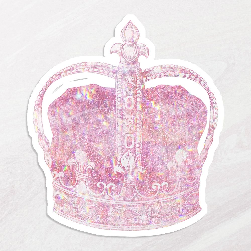 Pink holographic royal crown sticker with a white border