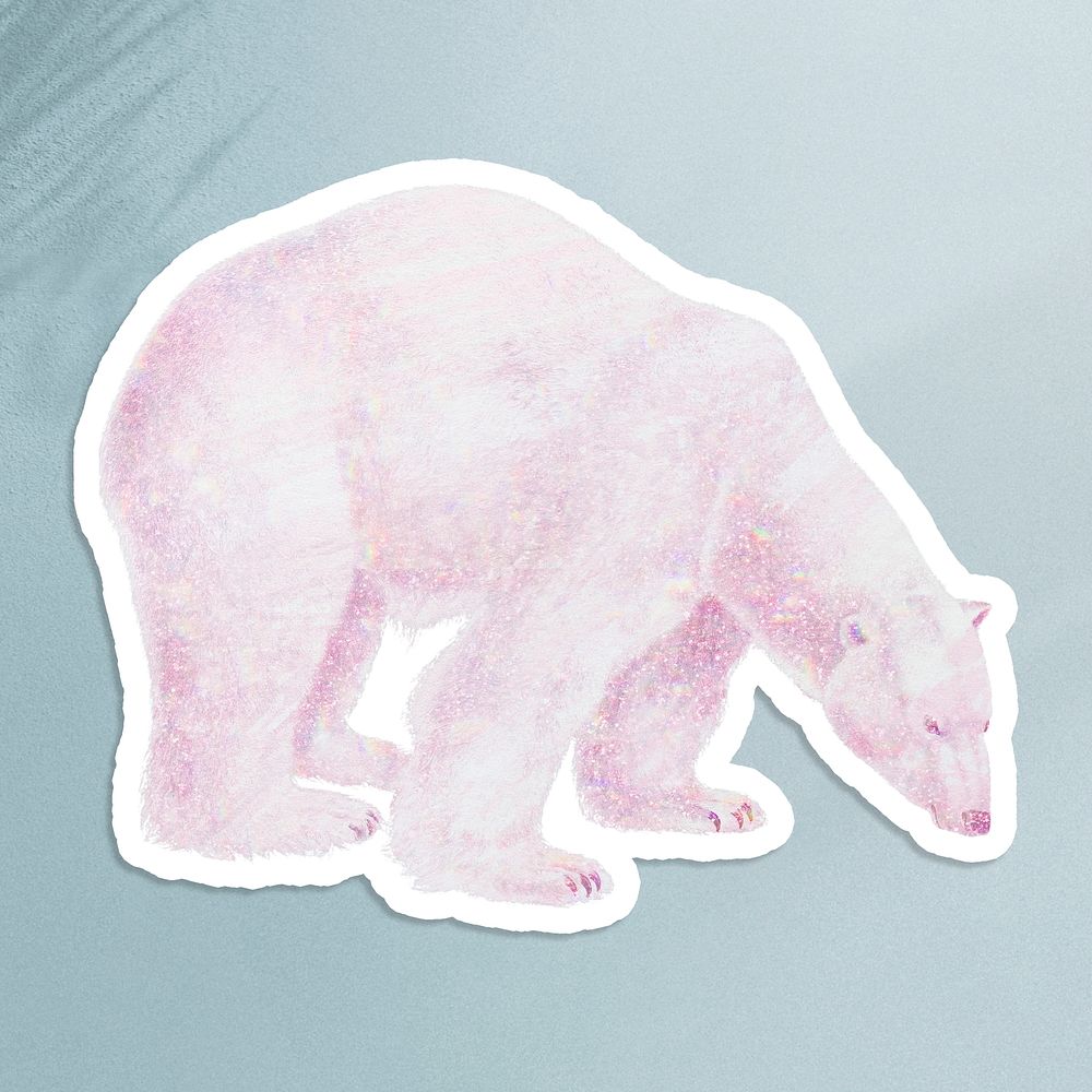 Pink holographic polar bear sticker with a white border