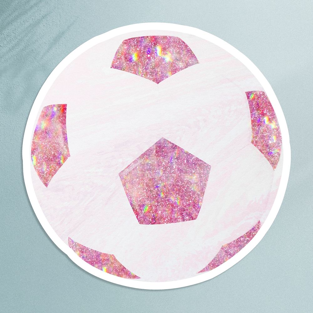 Pink holographic football sticker with a white border