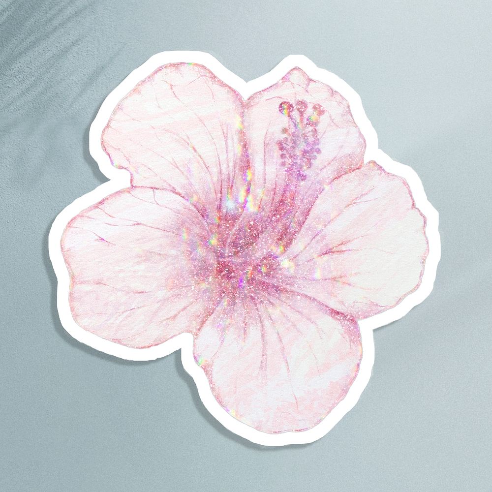 Pink holographic hibiscus flower sticker with a white border
