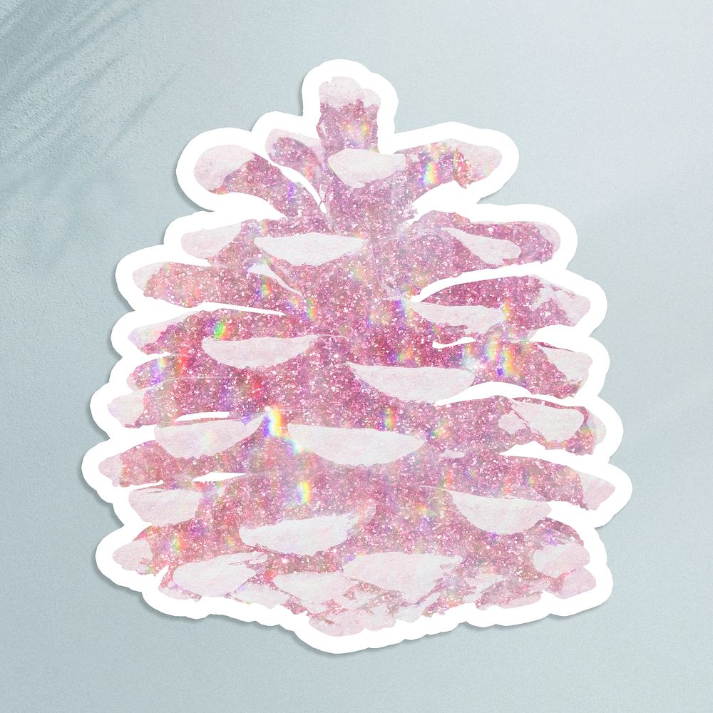 Pink holographic pine cone sticker with a white border