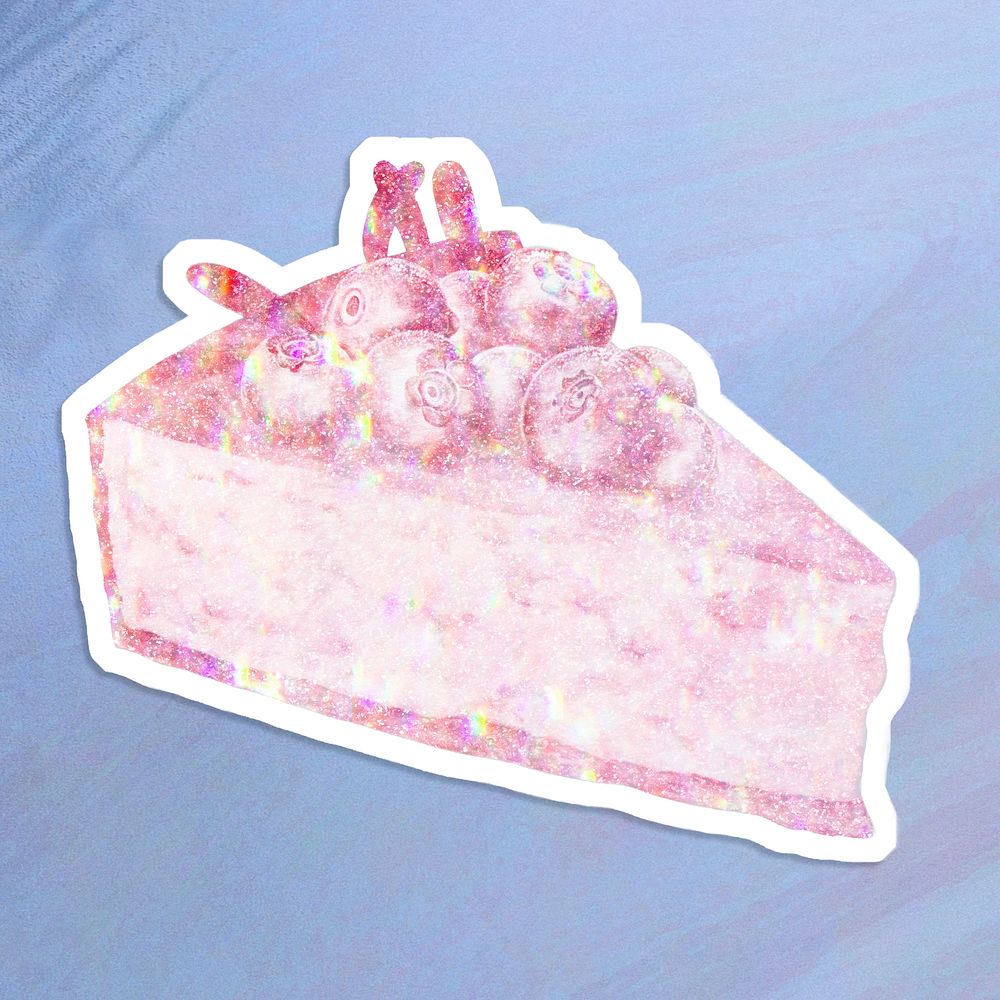 Pink holographic blueberry cheesecake sticker with a white border