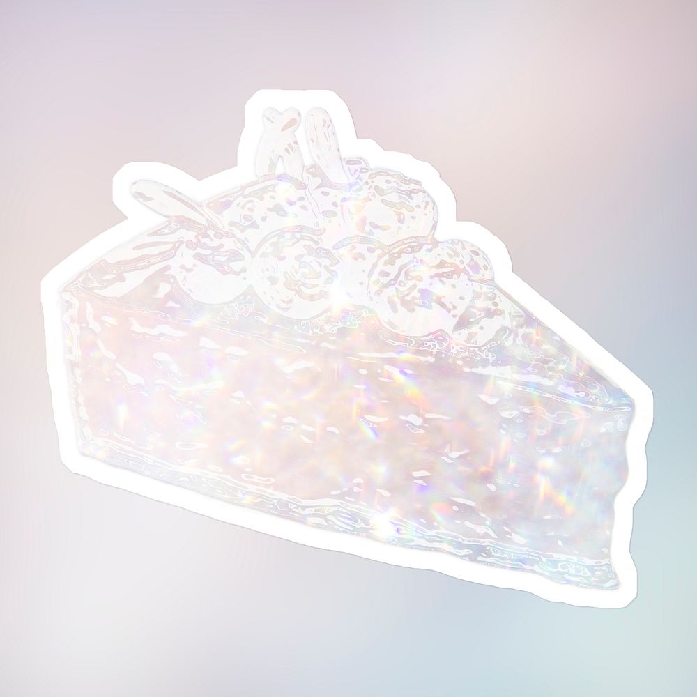 Silvery holographic blueberry cheesecake sticker with a white border
