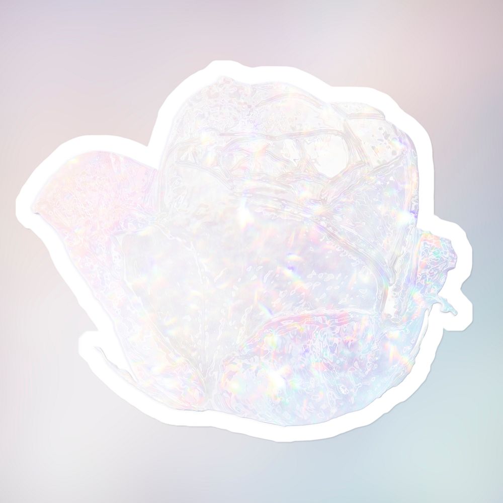 Silvery holographic blooming rose sticker with a white border