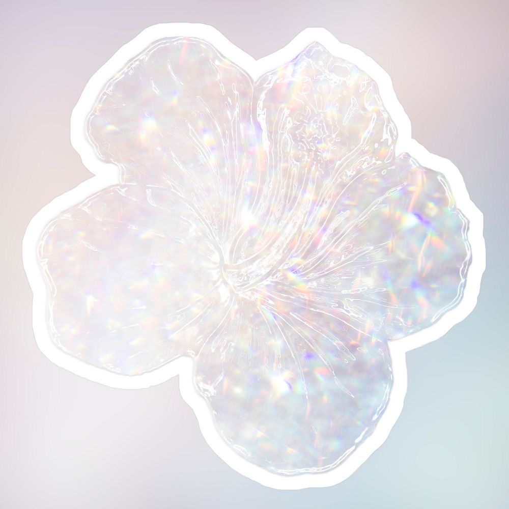 Silvery holographic hibiscus flower sticker with a white border